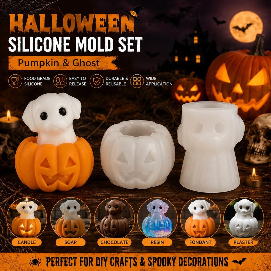 6pcs Halloween Ghost Pumpkin Silicone Mold, 3D DIY Candle Soap Resin Chocolate Mold, Reusable Craft Mold For Halloween Party Decor - Multicolor - View 1