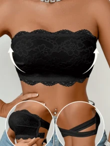 2pcs/Set Women's Fashion Strappy Buckle Lace Patchwork Lingerie, Strapless Camisole Top, Unlined Spaghetti Strap Bra - Multicolor - View 8