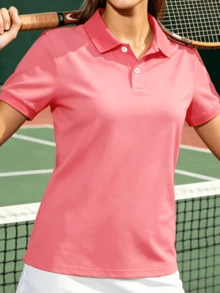 女款純色短袖休閒健身運動 Polo 衫 粉色 - 粉色 - 查看 5