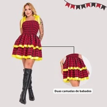 Women's Festa Junina Dress With Bow Tie, Ruffles, Sensual Layered Design, Checkered Pattern, Arraiá São João 2026 - Red With Yellow - View 4