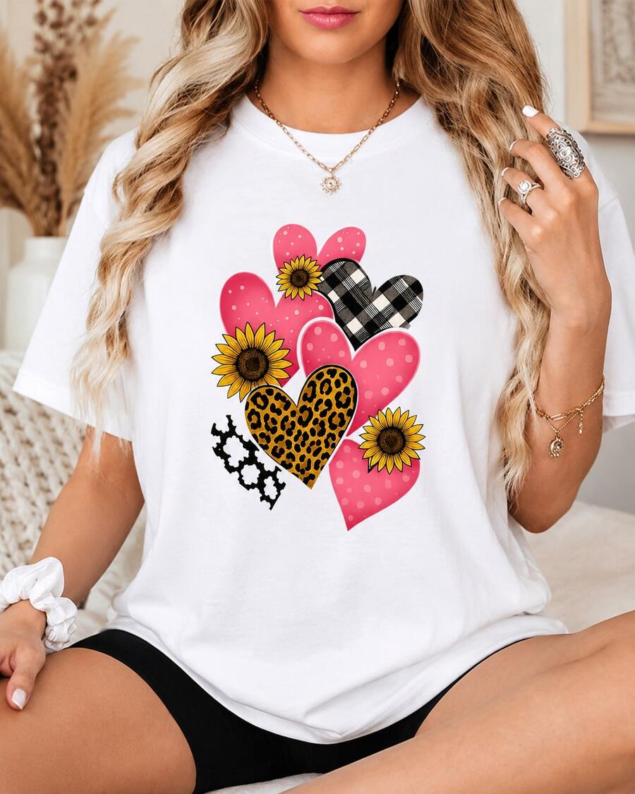 Women's Graphic T-Shirt With Hearts, Sunflowers, Leopard Print And Checks, 100% Breathable Cotton, Short Sleeves, Round Neck, Comfortable For Summer And Everyday Wear - 白色 - 查看 1