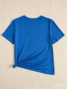 T-Shirt With Sculpture Graphic And Lettering, Off-The-Shoulder Graphic Blouses For Women, Summer Blouses For Women - 藍色 - 查看 2