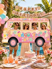 1pc-Retro Hippie Bus Photo Prop, Fun Floral-Themed Cutout Photo Frame, Suitable For Retro-Style Birthday Parties And Bohemian-Themed Events, Versatile And Reusable Party Decoration. - View 5