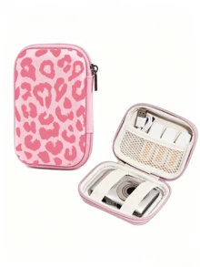 Pink Leopard Print EVA Hard Shell 4.3 Inch Compact Storage Box - Durable Travel Protective Storage Bag, Suitable For Electronic Accessories, Earphones, Hard Drives And Data Cables; Shockproof Zipper Bag (Storage Box Only) - Multicolor - View 2