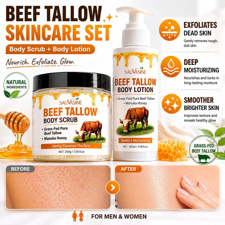 Tallow & Honey Skin Softening Moisturizing Set (200g Body Scrub + 100ml Body Lotion), Contains Grass-Fed Tallow, Manuka Honey, Niacinamide & Shea Butter, For Gentle Exfoliation, Improving Rough Chicken Skin, Deep Moisturizing, Softening & Brightening Skin, Suitable For Men And Women - All - View 1