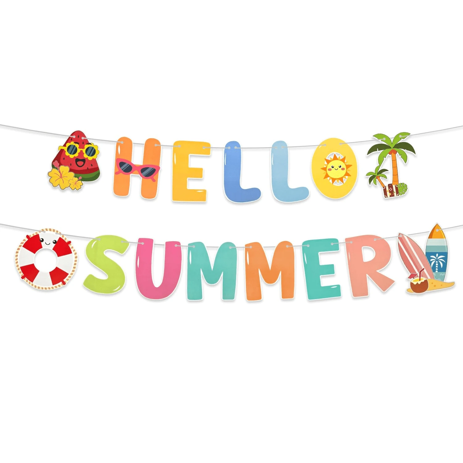 Hello Summer 橫幅 夏季海灘派對裝飾 熱帶夏威夷 Luau 泳池派對 吊飾花環 附衝浪板與棕櫚樹 - 彩色 - 查看 1