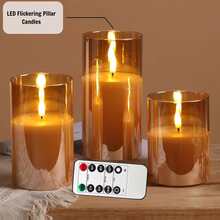 3 Sets Gold LED Flameless Candles With Remote Control, Battery Operated Flickering Candle Lights, Suitable For Home/Thanksgiving Christmas Tabletop Decoration - LED Pillar Candles - View 9