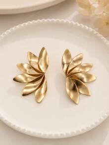 1 Pasang Anting Stud Simetris Kelopak Berlapis 3D Emas KC Besi untuk Wanita - Kelopak simetris - View 2