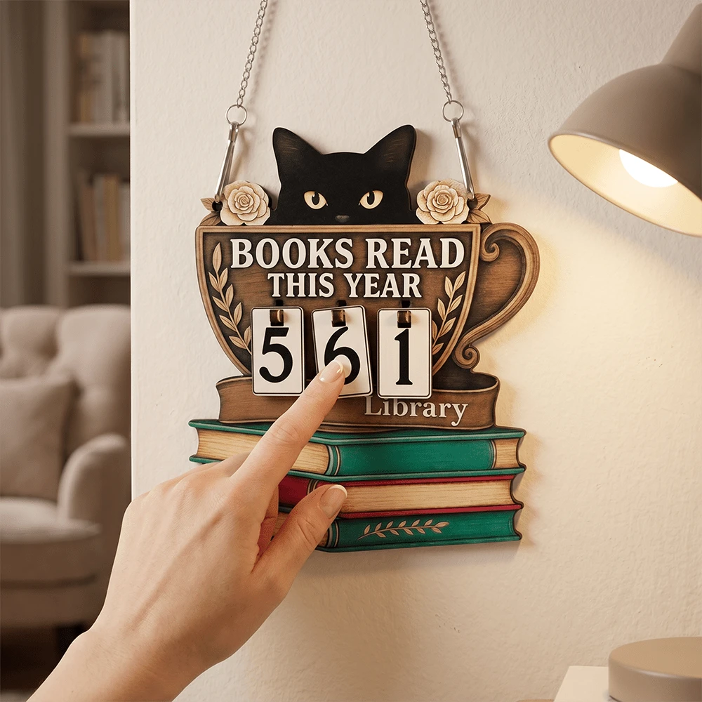 1/2pcs Rustic Black Cat Library Wooden Signs, Cup & Book Stack Designs. Freestanding & Hanging Design Manual Reading Counter For Home Library Study Room Office, Perfect Back To School Gift For Book Lovers. - Multicolor - View 1