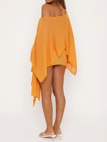 Womens Off Shoulder Knit Cover Up Top Irregular Asymmetrical Hem Poncho Blouse Y2K Summer Beach Casual Shirt - 橘色 - 查看 6