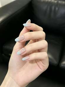 10Pcs Handmade Press On Nails Short Oval, Nude Blue Gradient Cat Eye False Nails With Star & Rhinestone Decor, Reusable Gel Glue On Nails For Women Daily Wear - Multicolor - View 5