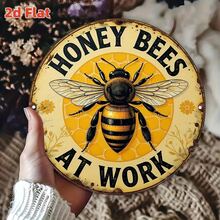 2D Flat Metal Surface Round Wall Decor Ornament, Bee Theme "Bee Collecting Nectar" American Vintage Iron Plaque, Size 20x20cm, Weather Resistant, Suitable For Indoor And Outdoor Use, Can Be Used For Garden, Farm, Beehive, Etc., Perfect Gift For Gardening Enthusiasts And Natural Style Home Decor, Featuring Bee Theme And Fun Font Design. - Bee - View 3
