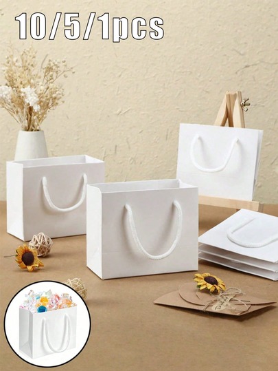 1/5/10pcs White Gift Bags, Men's Shopping Bags, Wedding Tote Bags, Small Gift Birthday Party Paper Packaging Bags, Fashionable And Practical