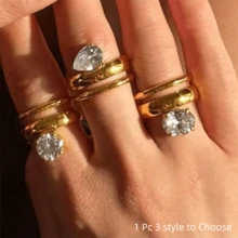 1 chiếc nhẫn hai lớp bằng thép không gỉ mạ vàng 18K cổ điển được trang trí bằng đá Cubic Zirconia, thích hợp cho phụ nữ mặc hàng ngày và mặc khi đi dự tiệc, làm quà tặng - Vàng - Xem 1