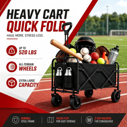 260lbs/520 Lbs Capacity, Heavy Duty Folding Wagon, Extra Large Load Capacity, Sturdy Steel Frame Wagon, Portable Easy To Store, 360° Swivel Wheels, Collapsible Utility Wagon, Outdoor Camping, Shopping Cart, Beach Wagon Cart (Black, Blue, Red)