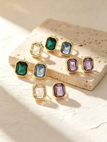 VceTd 1 Pair Fashionable Multi-Color Square Glass Design Stainless Steel Women's Stud Earrings Suitable For Daily Wear/Holiday Gift - Yellow Gold - View 5