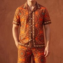 Printed Shirt And Shorts Set With Geometric Pattern, Made In Türkiye. Model Height: 1.81m, The Model Shown Is Wearing A Size M. - Red - View 2