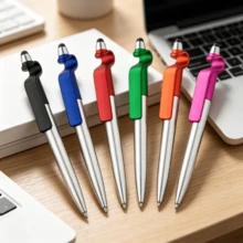 Creative Rotating Plastic Colorful Lacquer Barrel Ballpoint Pen With Phone Stand, Practical Oil-Based Pen, Business Exhibition Souvenir Gift Pen, Multi-Color Barrel Office Writing Signature Pen - Multicolor - View 3