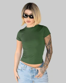 Women's Summer Cropped T-Shirt With Short Sleeves And Round Neck, Slim Fit, Solid Color, Aitona - 軍綠色 - 查看 2