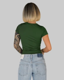 Women's Summer Cropped T-Shirt With Short Sleeves And Round Neck, Slim Fit, Solid Color, Aitona - 軍綠色 - 查看 3