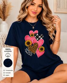 Women's Graphic T-Shirt With Hearts, Sunflowers, Leopard Print And Checks, 100% Breathable Cotton, Short Sleeves, Round Neck, Comfortable For Summer And Everyday Wear - 藍色 - 查看 2
