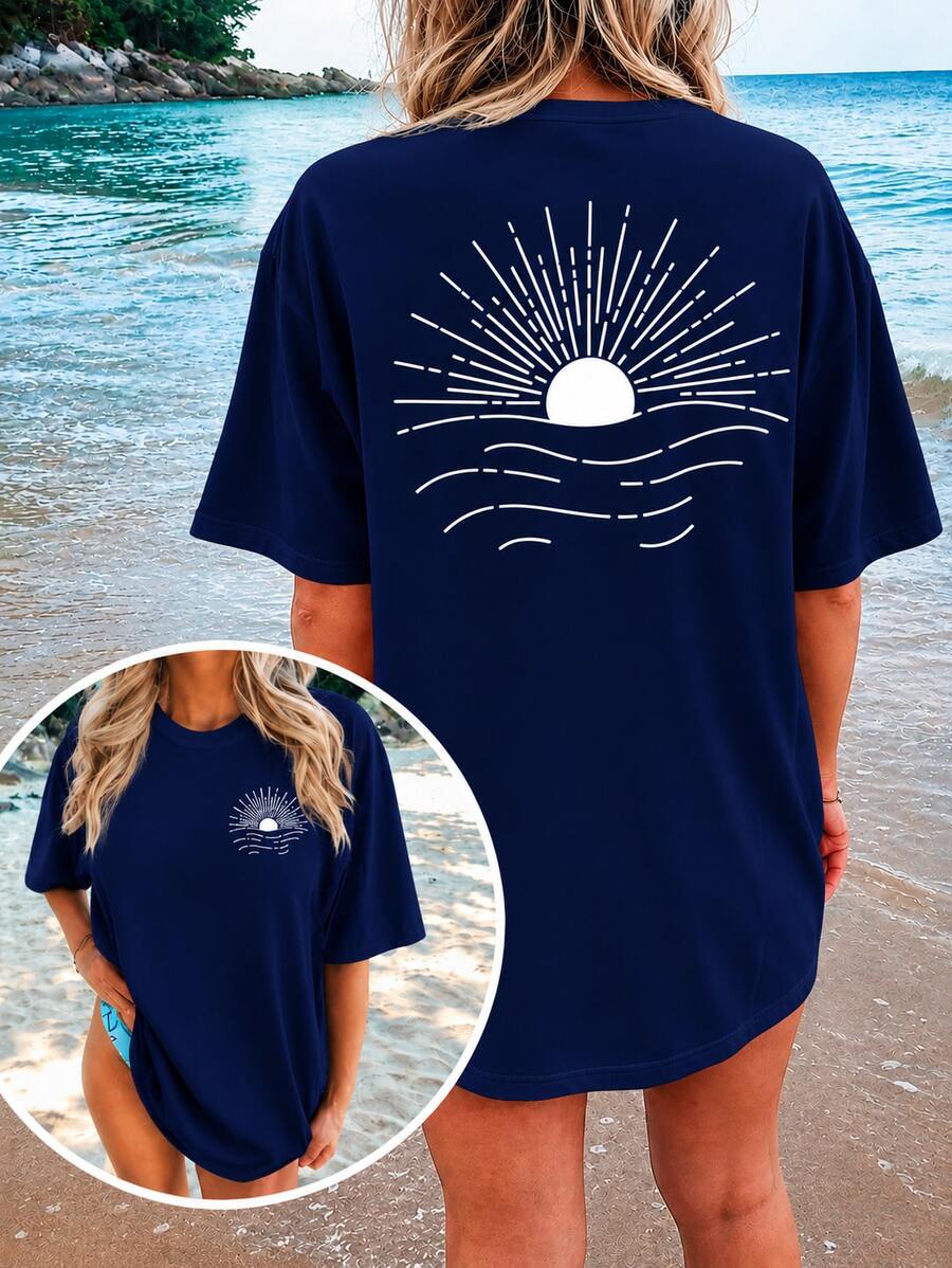 2026 Plus Size Women's Graphic T-Shirt, Casual Loose Summer Tee, Round Neck, Oversized, Soft Cotton, Everyday Wear, Cute Print, Vacation, - 藏蓝色 - 查看 1