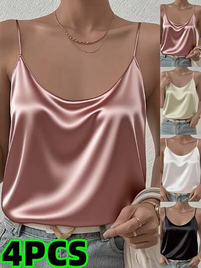 4-Pack Women's High-Gloss Camisoles, Ice Silk Satin Texture Stretch Tank Tops, Lingerie & Loungewear With Thin Shoulder Straps & Back-Enhancing Design