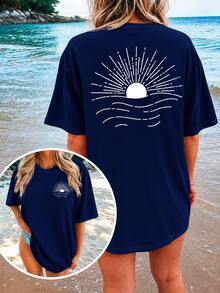 2026 Plus Size Women's Graphic T-Shirt, Casual Loose Summer Tee, Round Neck, Oversized, Soft Cotton, Everyday Wear, Cute Print, Vacation, - 藏蓝色 - 查看 3