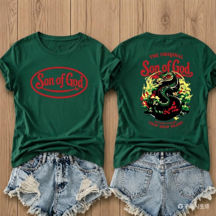 Women's Green Cotton Short Sleeve Round Neck T-Shirt With 'Son Of God' Front & Back Dragon Graphic Print, Casual Style With Slight Stretch - 墨綠色 - 查看 1