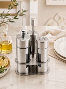 3/4Pcs Stainless Steel Kitchen Condiment Container Set, Oil Dispenser And Seasoning Jars With Holder For Home, Restaurant And Dining Table - Silver - View 5