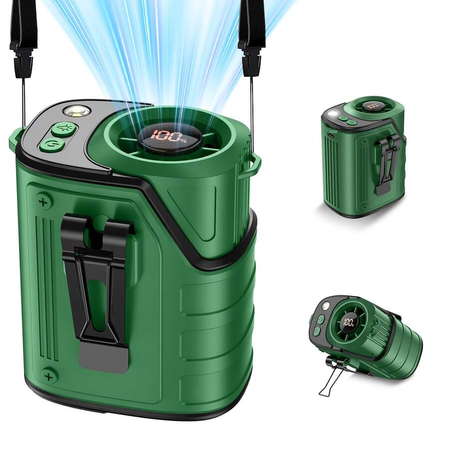 W&O Protable Cooling Neck Fan | Waist Fan | Desk Fan - 18000RPM Powerful Brushless Motor, Four Speed Adjustment, Large Capacity Ultra Long Rechargeable Battery, LED Light Power Display, LED Flashlight - Camping Gear And Equipment, Heat Relief - 綠色 - 查看 1