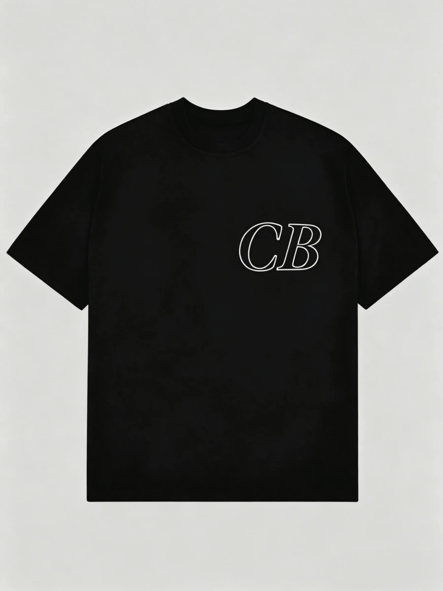 Men's Black Oversized T-Shirt, Casual Short Sleeve With Minimalist CB Outline Print Crew Neck Streetwear Top For Daily Wear - 黑色 - 查看 1