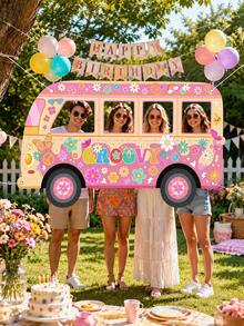 1pc-Retro Hippie Bus Photo Prop, Fun Floral-Themed Cutout Photo Frame, Suitable For Retro-Style Birthday Parties And Bohemian-Themed Events, Versatile And Reusable Party Decoration. - View 4
