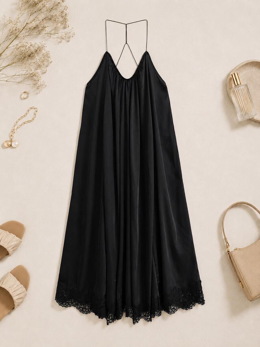 Summer Solid Color Lace Trim Cami Dress - Black - View 1