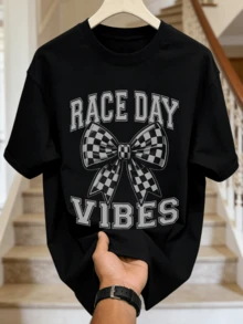 Men's Summer Casual Soft Round Neck Short Sleeve-Shirt,Race Day Checkered Bow Print Graphic Is Suitable Spring And Summer Wear. - 黑色 - 查看 5