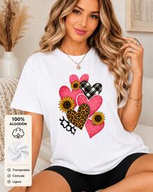 Women's Graphic T-Shirt With Hearts, Sunflowers, Leopard Print And Checks, 100% Breathable Cotton, Short Sleeves, Round Neck, Comfortable For Summer And Everyday Wear - 白色 - 查看 2