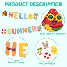 Hello Summer 橫幅 夏季海灘派對裝飾 熱帶夏威夷 Luau 泳池派對 吊飾花環 附衝浪板與棕櫚樹 - 彩色 - 查看 2