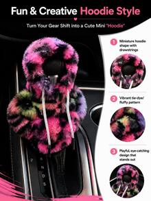 Plush Hooded Car Gear Shift Cover, Soft Fluffy Gear Lever Protector, Cute Tie-Dye Car Interior Decor Accessory, Suitable For Most Car Models - Gear Shift Cover - View 4
