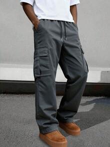 Spring/Autumn Plus Size Multi-Pocket Straight Leg Cargo Pants, Men's Loose Outdoor Commute Sports Long Pants - Grey - View 2