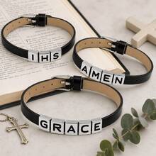 基督教字母手鍊系列，黑色可調節皮革手環附 IAM GOD INRI IHS GRACE JESUS 吊飾，信仰珠寶禮物 - 我是 - 查看 1