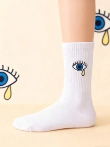 1雙中性歐美風趣味淚眼刺繡中筒襪，小眾品牌風格，透氣吸汗百搭，適合日常通勤 - 彩色 - 查看 6