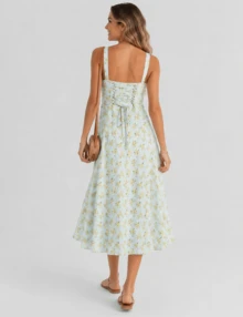 Sexy Women Midi Dress, Corset Bustier Spaghetti Strap Summer Dress With Slit, Floral/Plain Sundress For Vacation Beach Outfit, Party, & Casual Wear - 藍色 - 查看 4