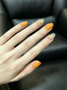 10Pcs Handmade Press On Nails Short Oval, Orange French Tip False Nails With Hand-Painted Floral Design, Reusable Glossy Fake Nails For Women Spring Wear - Multicolor - View 4