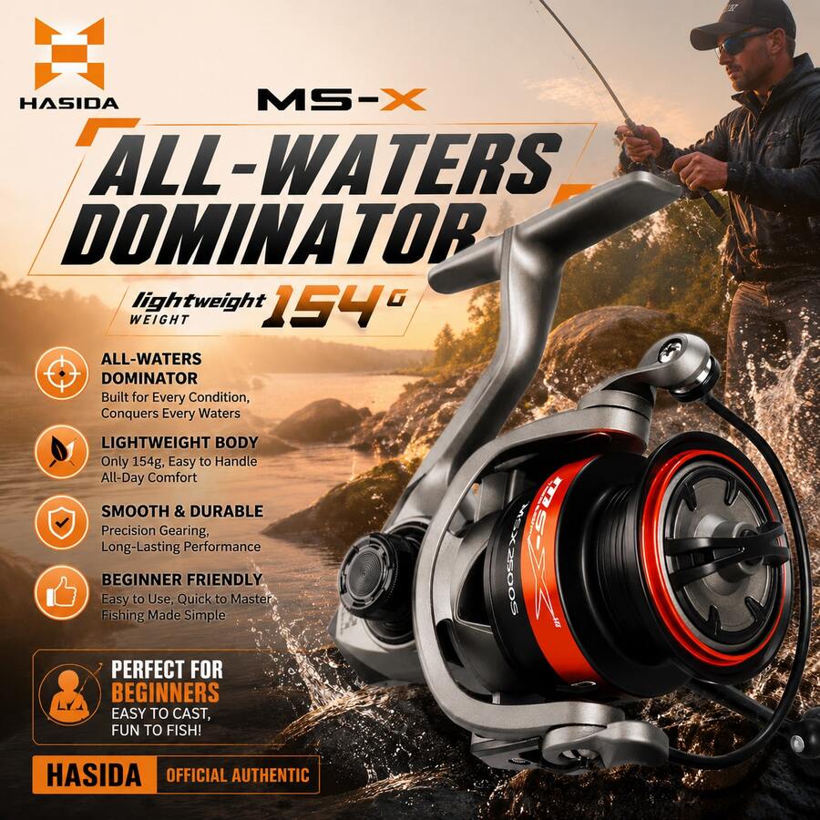 HASIDA MS-X Carrete Giratorio Dominador para Todas las Aguas Ligero 154G Perfecto para Principiantes Carrete de Pesca Oficial Auténtico - Naranja - Ver 1