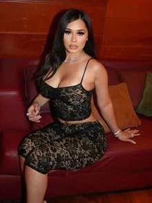 Women's Elegant Sheer Floral Lace Two Pieces Set With Spaghetti Strap Top And Shorts, Sexy Club Outfit Black - 黑色 - 查看 3