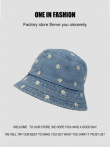 1pc Women's Light Blue Daisy Print Denim Bucket Hat - Gem Black - View 7