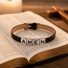 基督教字母手鍊系列，黑色可調節皮革手環附 IAM GOD INRI IHS GRACE JESUS 吊飾，信仰珠寶禮物 - 我是 - 查看 6