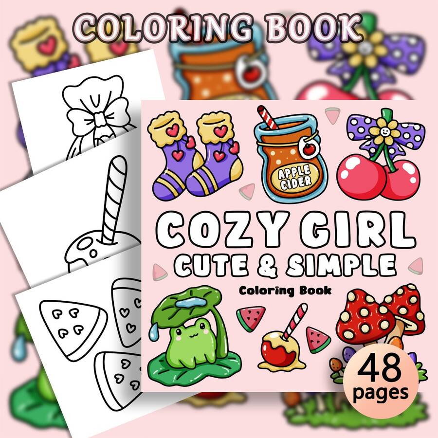 1本 COZY GIRL 可愛極簡著色本：48頁可愛日系秋季與舒適自我照護場景，240g厚紙，適合青少年與成人舒壓並享受溫馨氛圍，婚禮季節與母親節的理想禮物