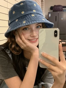 1pc Women's Light Blue Daisy Print Denim Bucket Hat - Gem Black - View 10