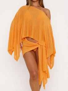Womens Off Shoulder Knit Cover Up Top Irregular Asymmetrical Hem Poncho Blouse Y2K Summer Beach Casual Shirt - 橘色 - 查看 4